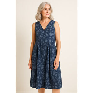 Rosemarine Women Linen Blend Dress Small Navy Midi Tiered Pockets Floral Coastal